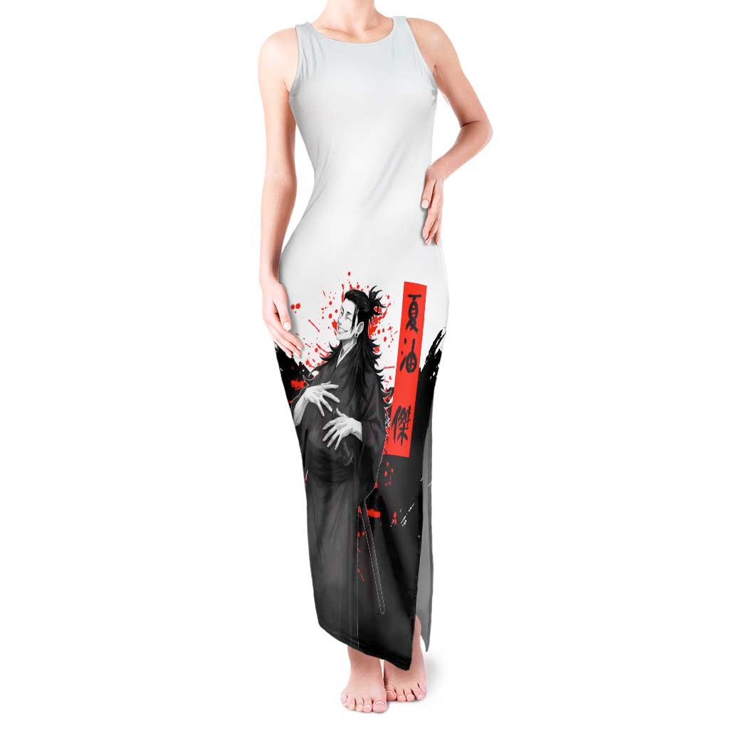 Suguru Geto Jujutsu Kaisen Samurai Style Tank Maxi Dress with Katana, Red Kanji Accents and Oni Mask Graphic - The Mazicc