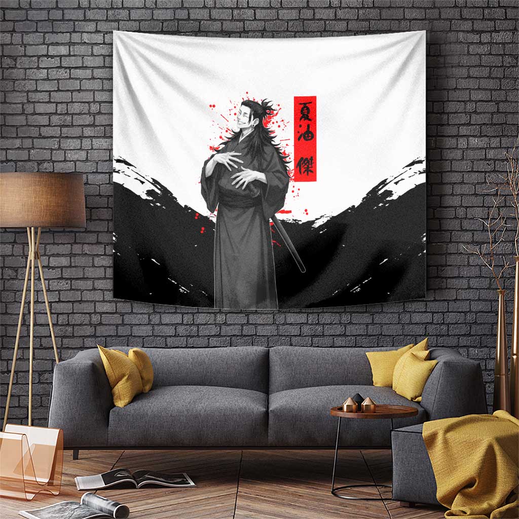 Suguru Geto Jujutsu Kaisen Samurai Style Tapestry with Katana, Red Kanji Accents and Oni Mask Graphic - The Mazicc