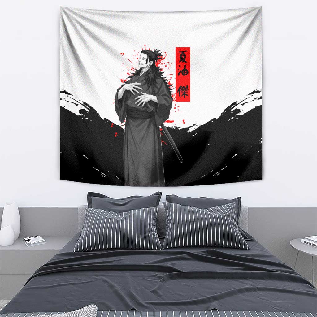 Suguru Geto Jujutsu Kaisen Samurai Style Tapestry with Katana, Red Kanji Accents and Oni Mask Graphic - The Mazicc