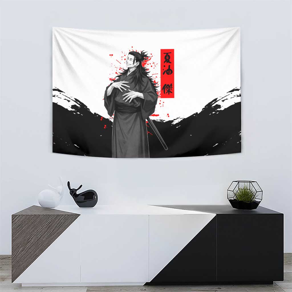 Suguru Geto Jujutsu Kaisen Samurai Style Tapestry with Katana, Red Kanji Accents and Oni Mask Graphic - The Mazicc