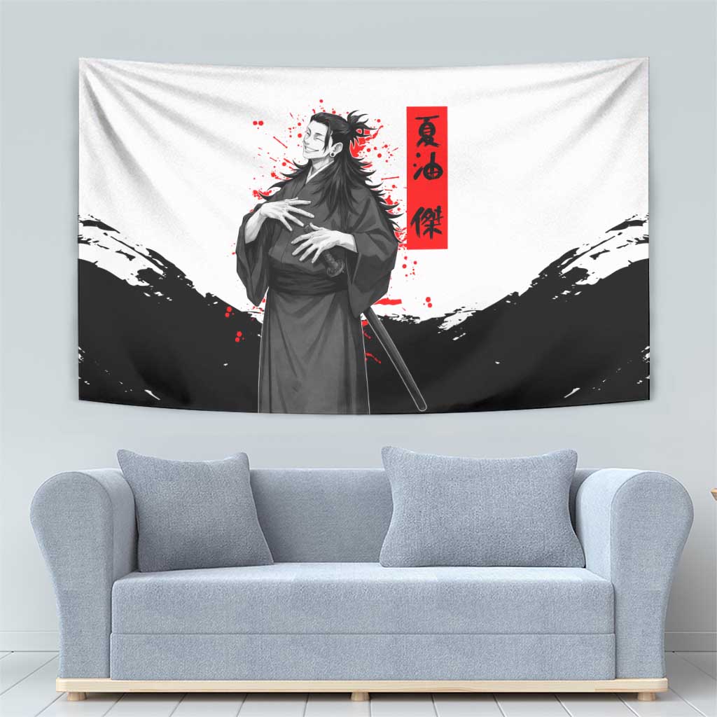 Suguru Geto Jujutsu Kaisen Samurai Style Tapestry with Katana, Red Kanji Accents and Oni Mask Graphic - The Mazicc