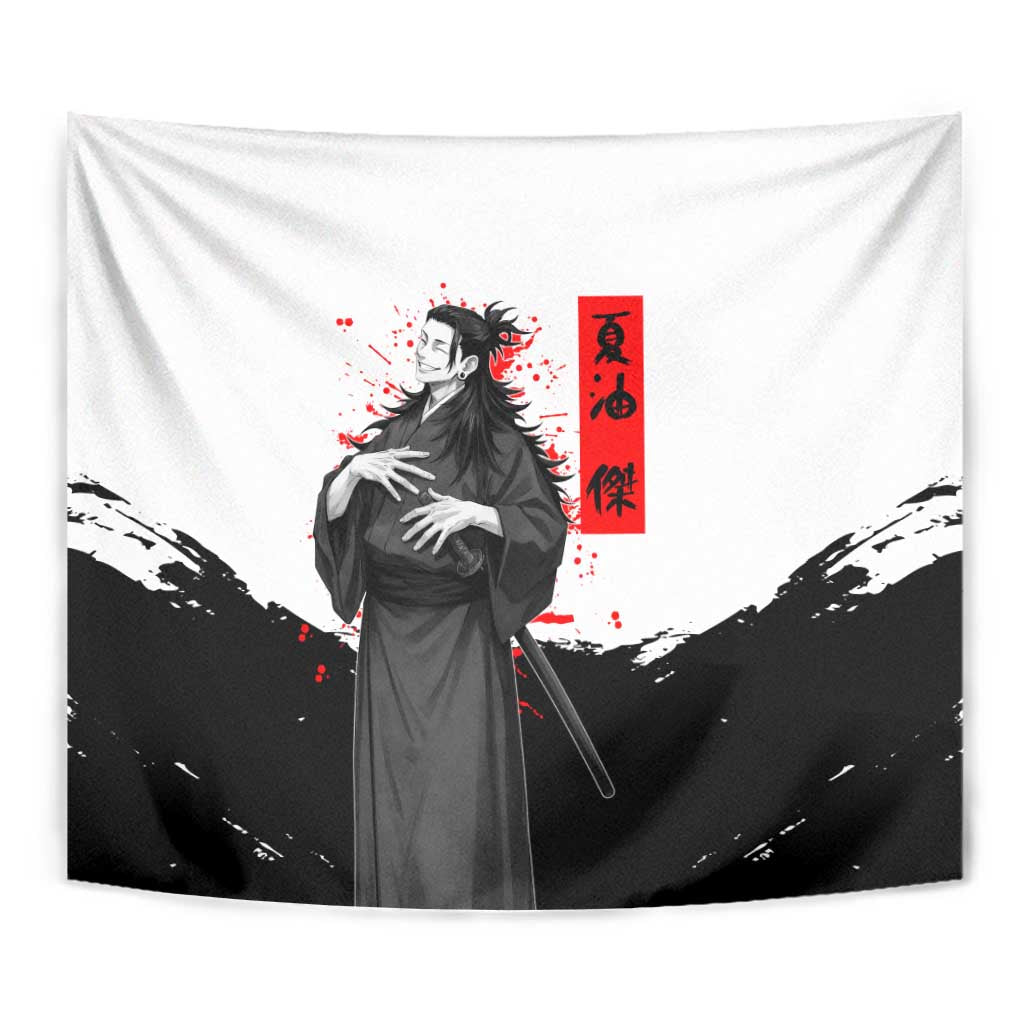 Suguru Geto Jujutsu Kaisen Samurai Style Tapestry with Katana, Red Kanji Accents and Oni Mask Graphic - The Mazicc