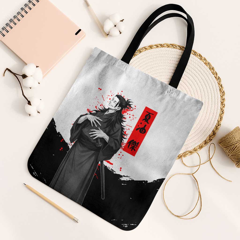 Suguru Geto Jujutsu Kaisen Samurai Style Tote Bag with Katana, Red Kanji Accents and Oni Mask Graphic - The Mazicc