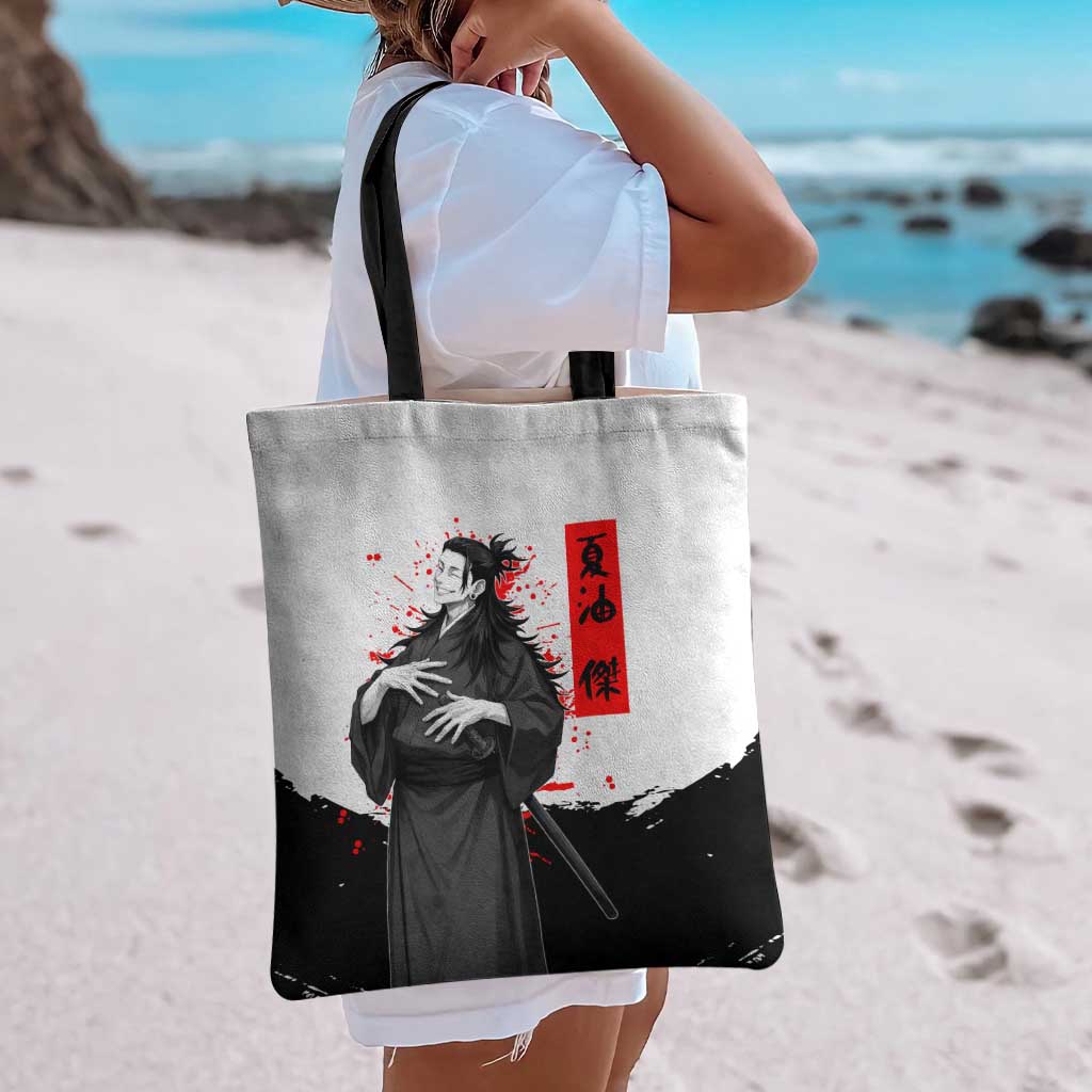 Suguru Geto Jujutsu Kaisen Samurai Style Tote Bag with Katana, Red Kanji Accents and Oni Mask Graphic - The Mazicc