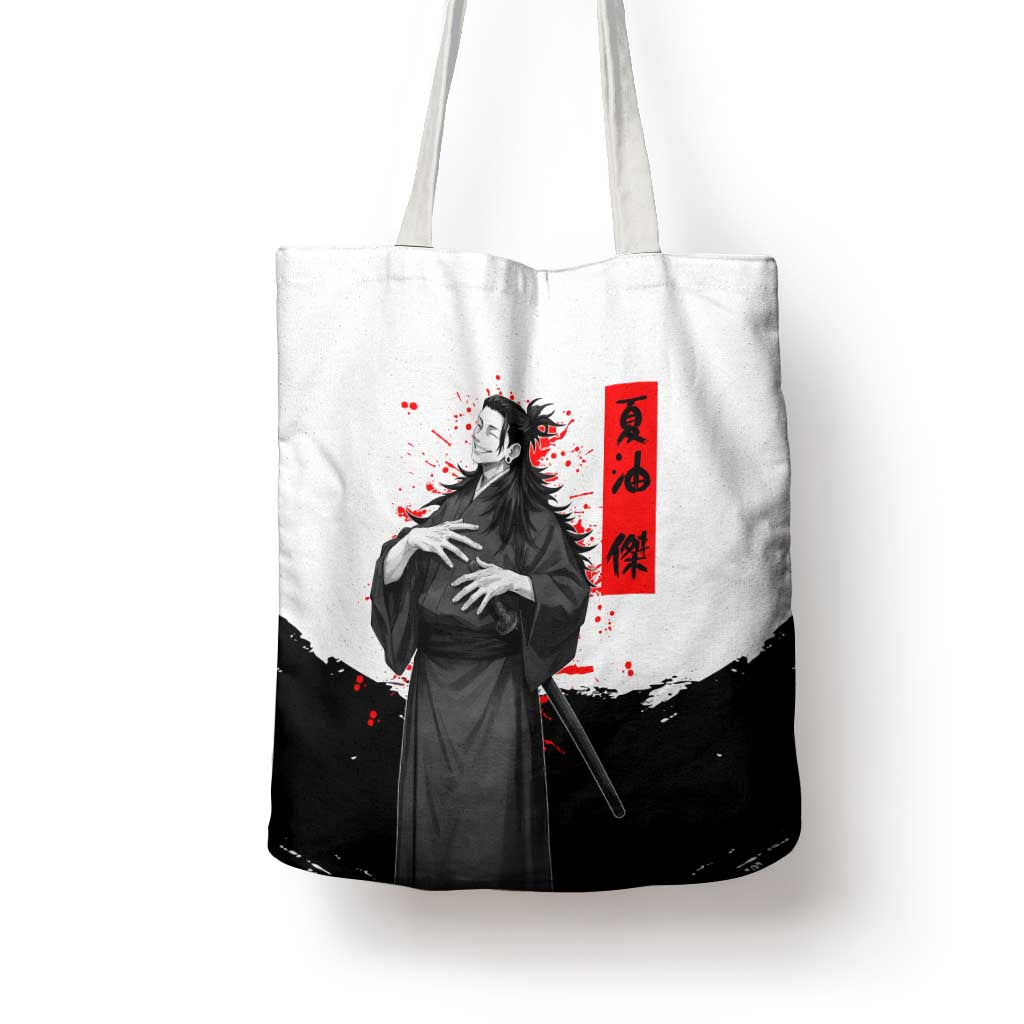 Suguru Geto Jujutsu Kaisen Samurai Style Tote Bag with Katana, Red Kanji Accents and Oni Mask Graphic - The Mazicc