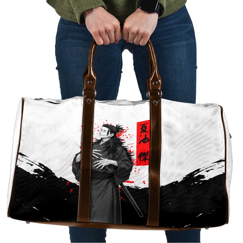 Suguru Geto Jujutsu Kaisen Samurai Style Travel Bag with Katana, Red Kanji Accents and Oni Mask Graphic - The Mazicc