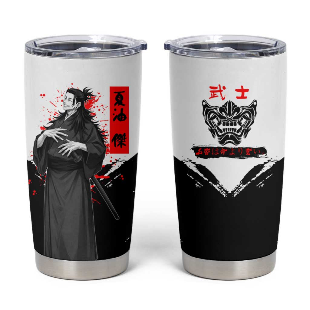 Suguru Geto Jujutsu Kaisen Samurai Style Tumbler Cup with Katana, Red Kanji Accents and Oni Mask Graphic - The Mazicc
