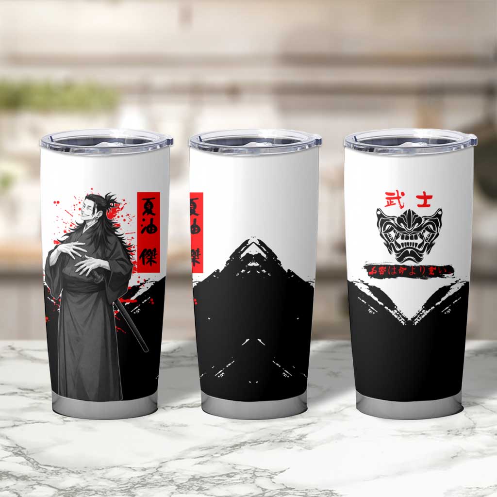 Suguru Geto Jujutsu Kaisen Samurai Style Tumbler Cup with Katana, Red Kanji Accents and Oni Mask Graphic - The Mazicc