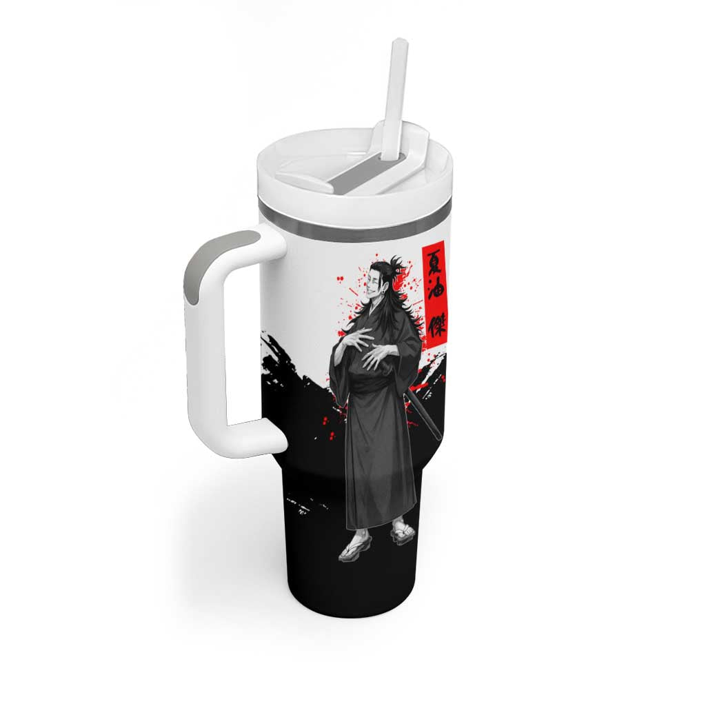 Suguru Geto Jujutsu Kaisen Samurai Style Tumbler With Handle with Katana, Red Kanji Accents and Oni Mask Graphic - The Mazicc