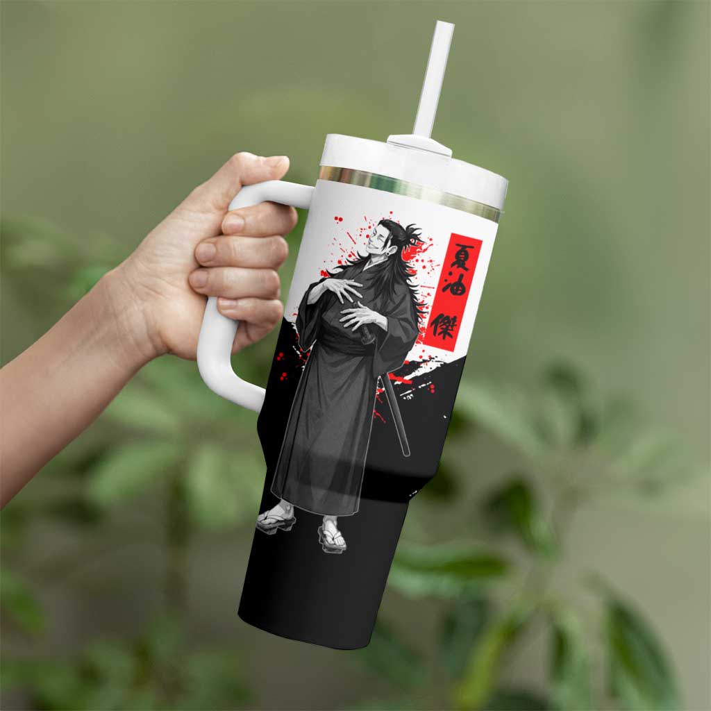 Suguru Geto Jujutsu Kaisen Samurai Style Tumbler With Handle with Katana, Red Kanji Accents and Oni Mask Graphic - The Mazicc