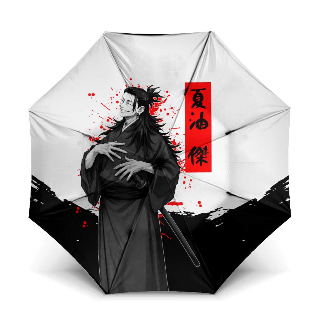 Suguru Geto Jujutsu Kaisen Samurai Style Umbrella with Katana, Red Kanji Accents and Oni Mask Graphic - The Mazicc
