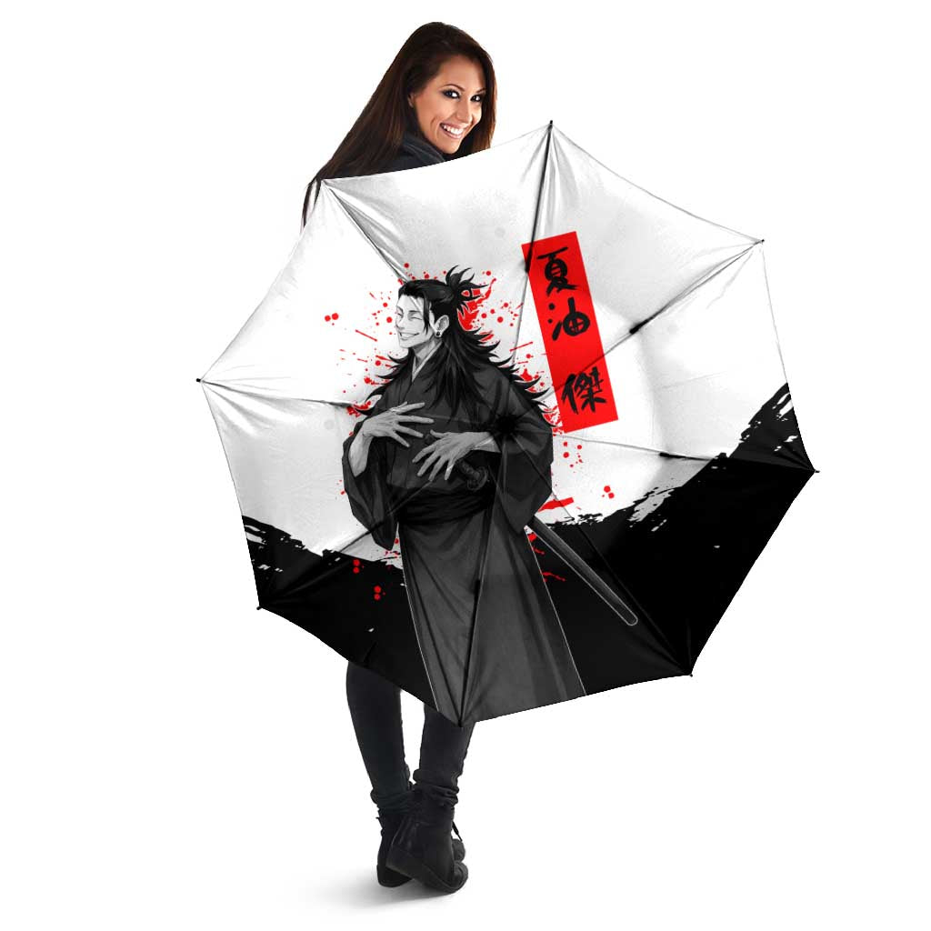 Suguru Geto Jujutsu Kaisen Samurai Style Umbrella with Katana, Red Kanji Accents and Oni Mask Graphic - The Mazicc