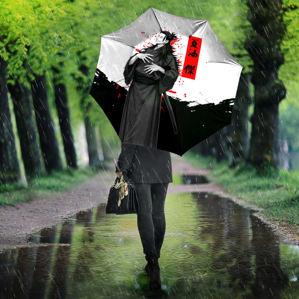Suguru Geto Jujutsu Kaisen Samurai Style Umbrella with Katana, Red Kanji Accents and Oni Mask Graphic - The Mazicc