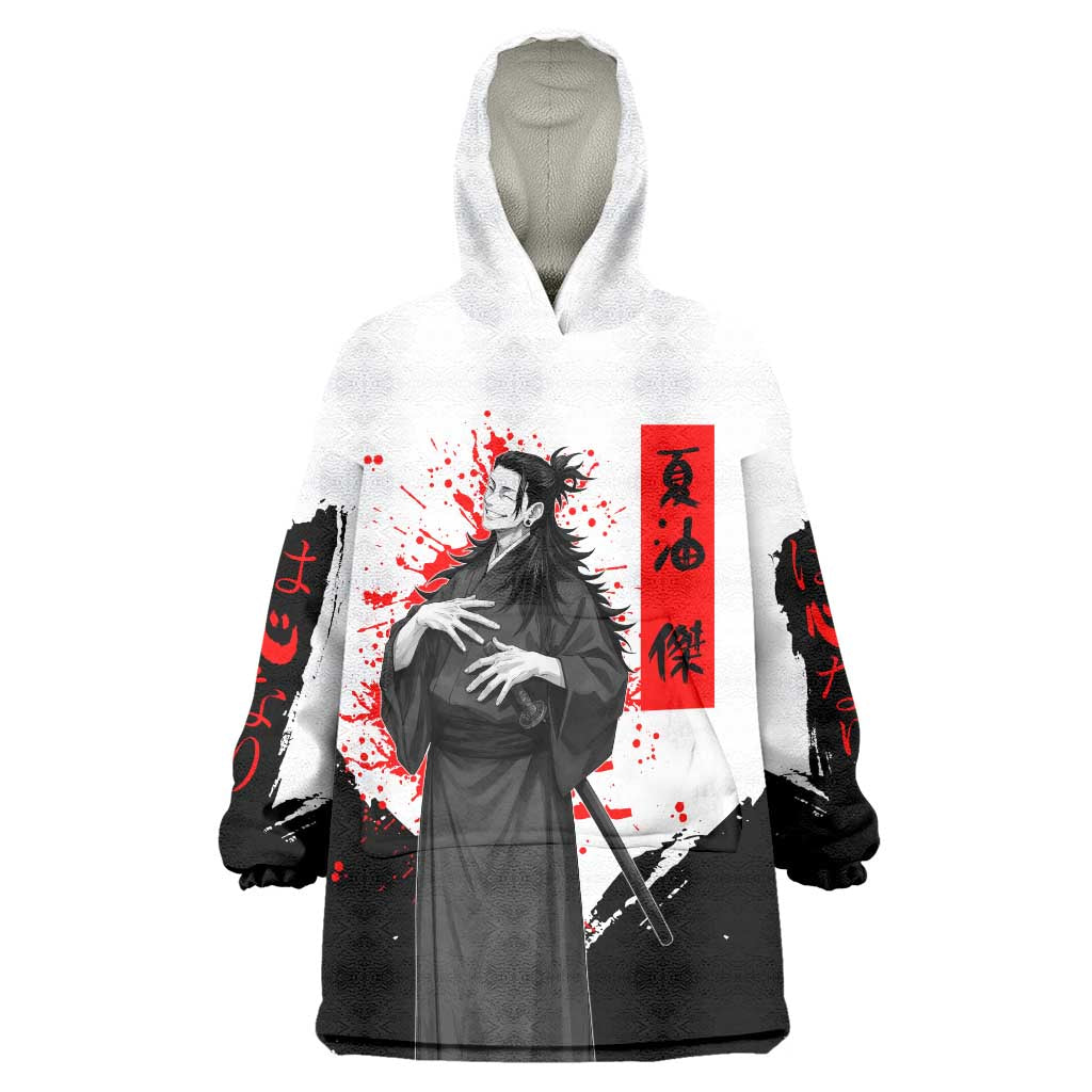 Suguru Geto Jujutsu Kaisen Samurai Style Wearable Blanket Hoodie with Katana, Red Kanji Accents and Oni Mask Graphic - The Mazicc