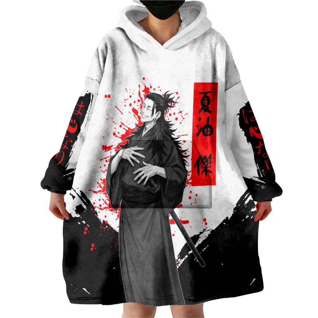 Suguru Geto Jujutsu Kaisen Samurai Style Wearable Blanket Hoodie with Katana, Red Kanji Accents and Oni Mask Graphic - The Mazicc