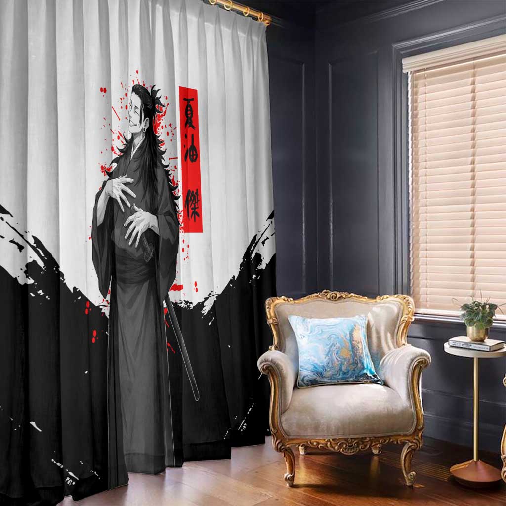 Suguru Geto Jujutsu Kaisen Samurai Style Window Curtain with Katana, Red Kanji Accents and Oni Mask Graphic - The Mazicc
