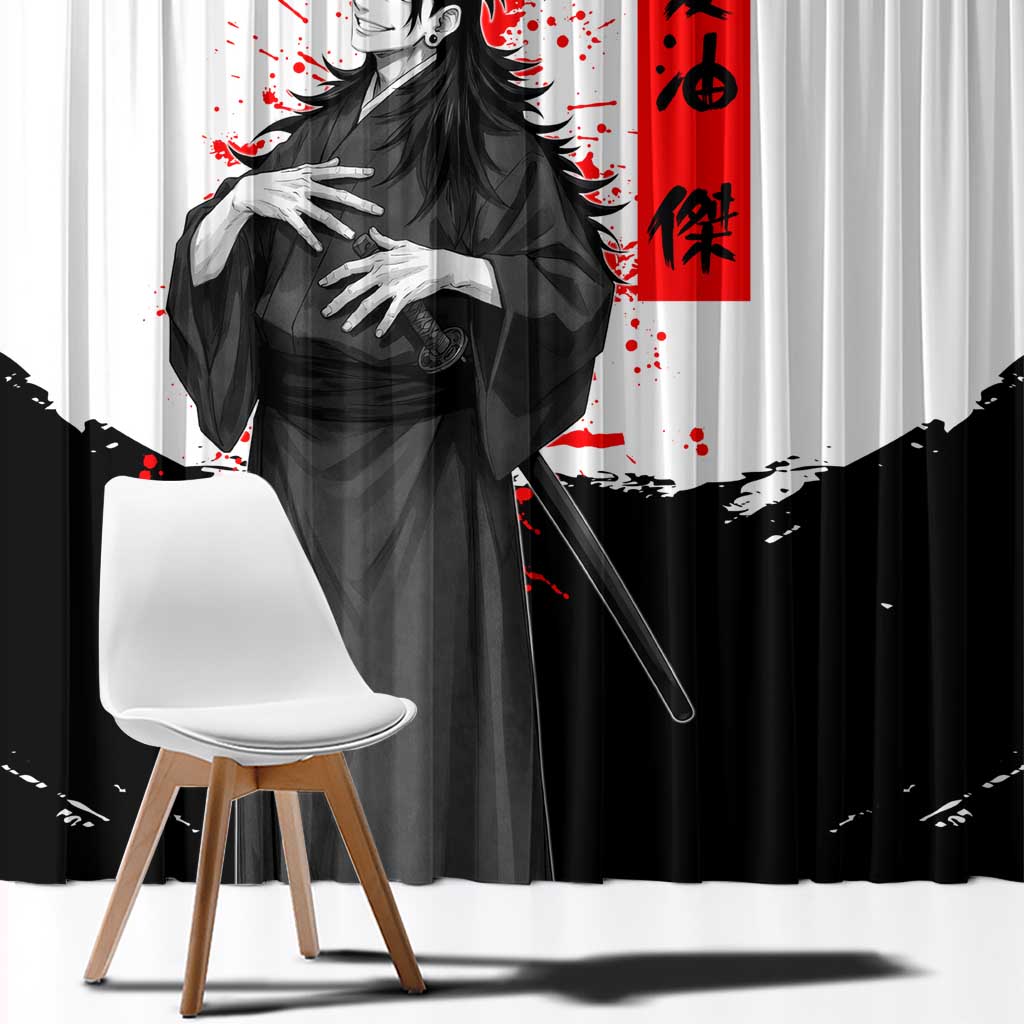 Suguru Geto Jujutsu Kaisen Samurai Style Window Curtain with Katana, Red Kanji Accents and Oni Mask Graphic - The Mazicc