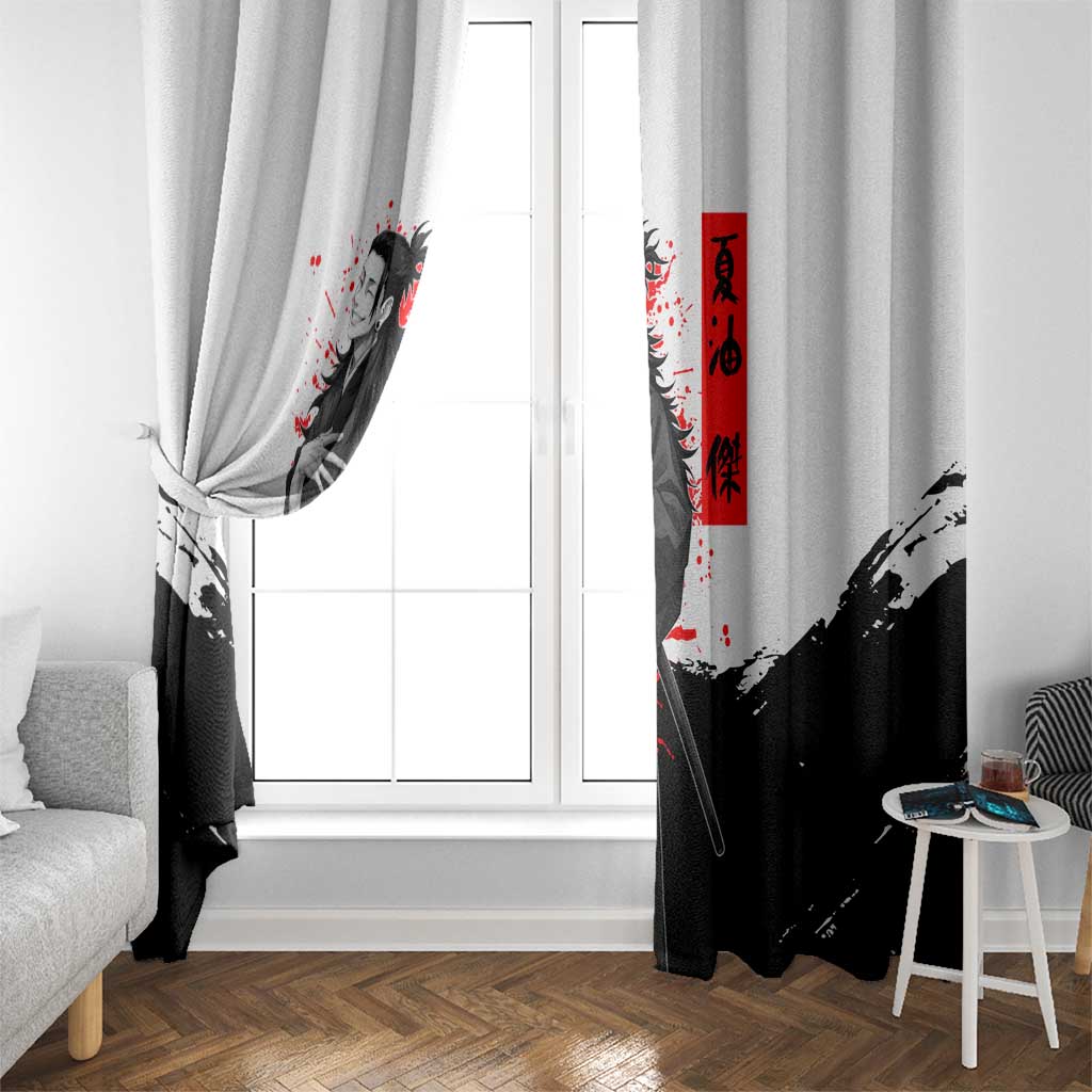 Suguru Geto Jujutsu Kaisen Samurai Style Window Curtain with Katana, Red Kanji Accents and Oni Mask Graphic - The Mazicc