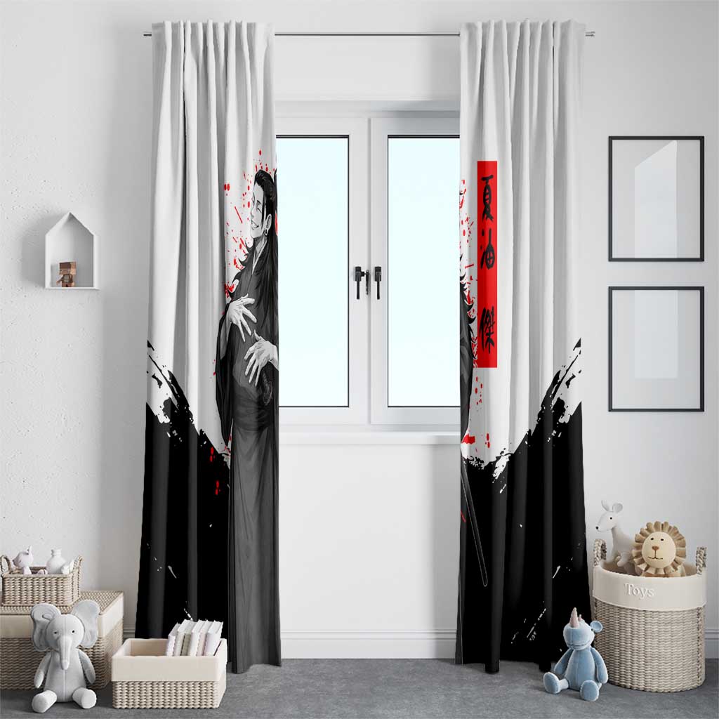 Suguru Geto Jujutsu Kaisen Samurai Style Window Curtain with Katana, Red Kanji Accents and Oni Mask Graphic - The Mazicc