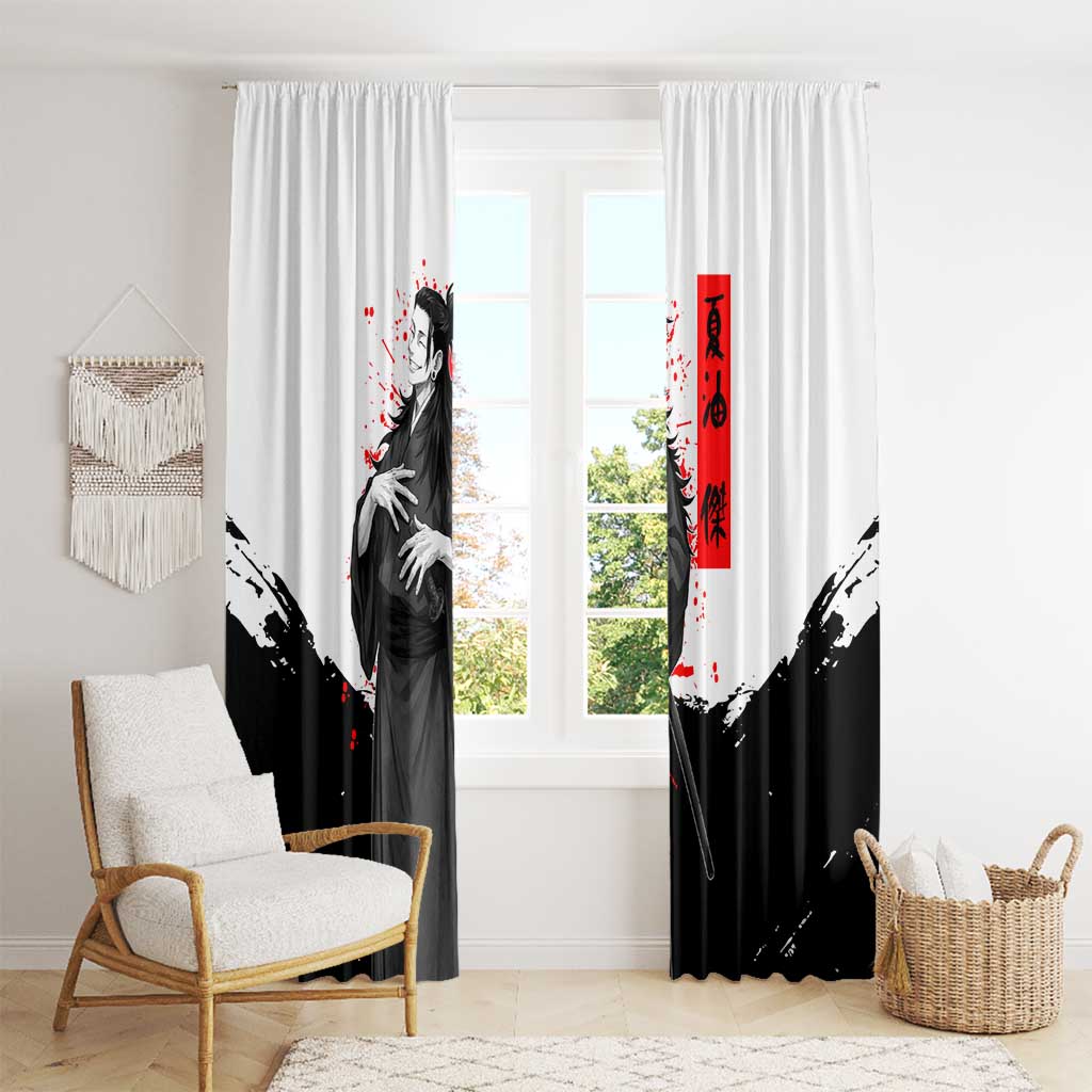Suguru Geto Jujutsu Kaisen Samurai Style Window Curtain with Katana, Red Kanji Accents and Oni Mask Graphic - The Mazicc