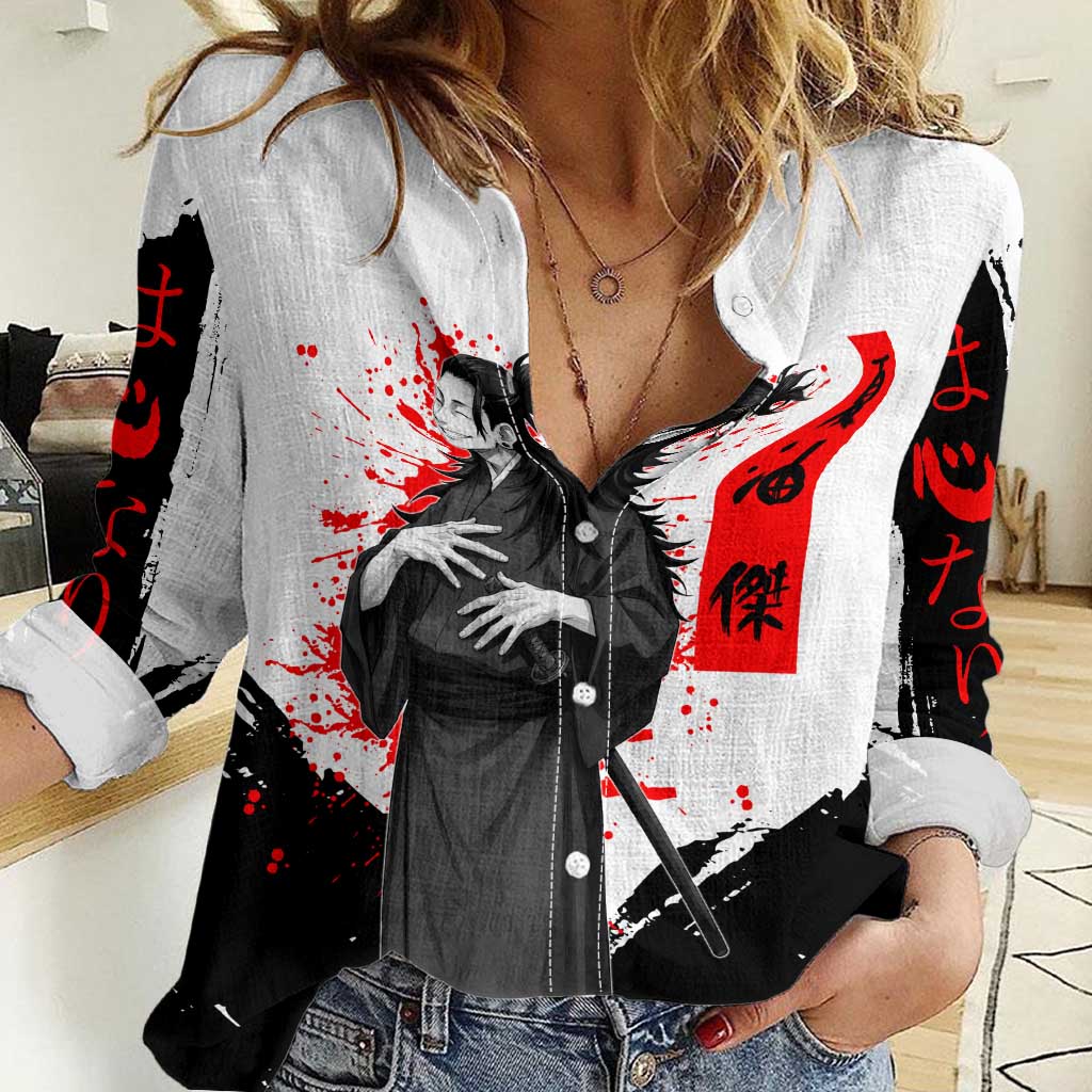 Suguru Geto Jujutsu Kaisen Samurai Style Women Casual Shirt with Katana, Red Kanji Accents and Oni Mask Graphic - The Mazicc