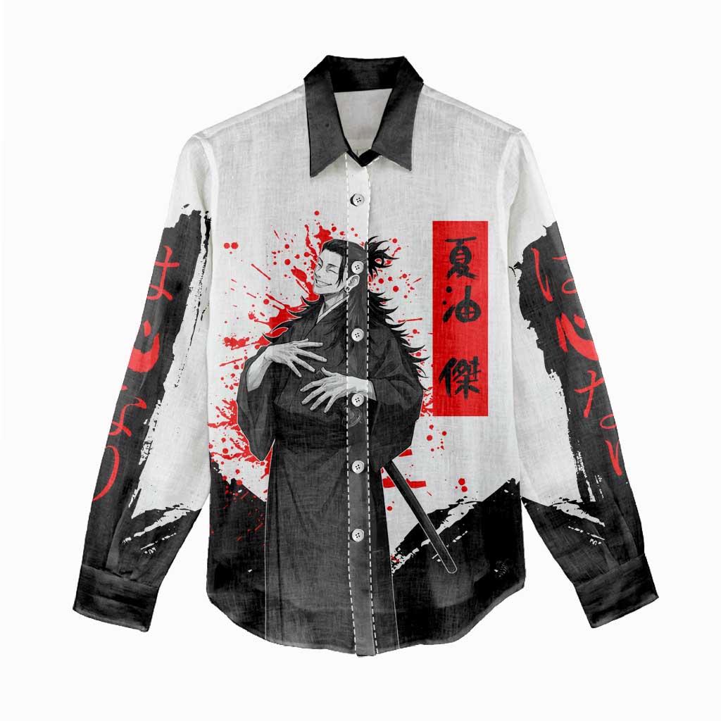 Suguru Geto Jujutsu Kaisen Samurai Style Women Casual Shirt with Katana, Red Kanji Accents and Oni Mask Graphic - The Mazicc
