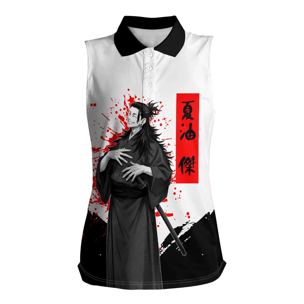 Suguru Geto Jujutsu Kaisen Samurai Style Women Sleeveless Polo Shirt with Katana, Red Kanji Accents and Oni Mask Graphic - The Mazicc