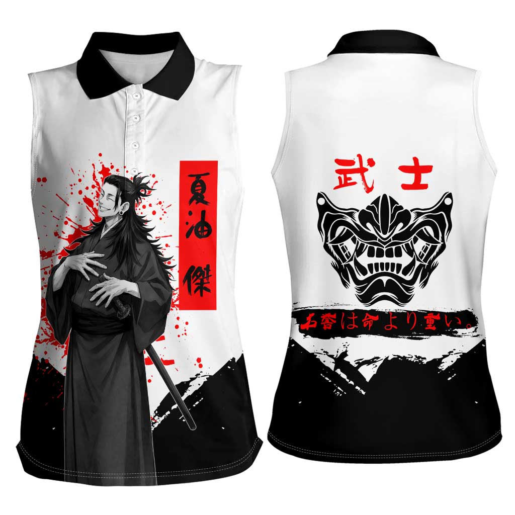 Suguru Geto Jujutsu Kaisen Samurai Style Women Sleeveless Polo Shirt with Katana, Red Kanji Accents and Oni Mask Graphic - The Mazicc