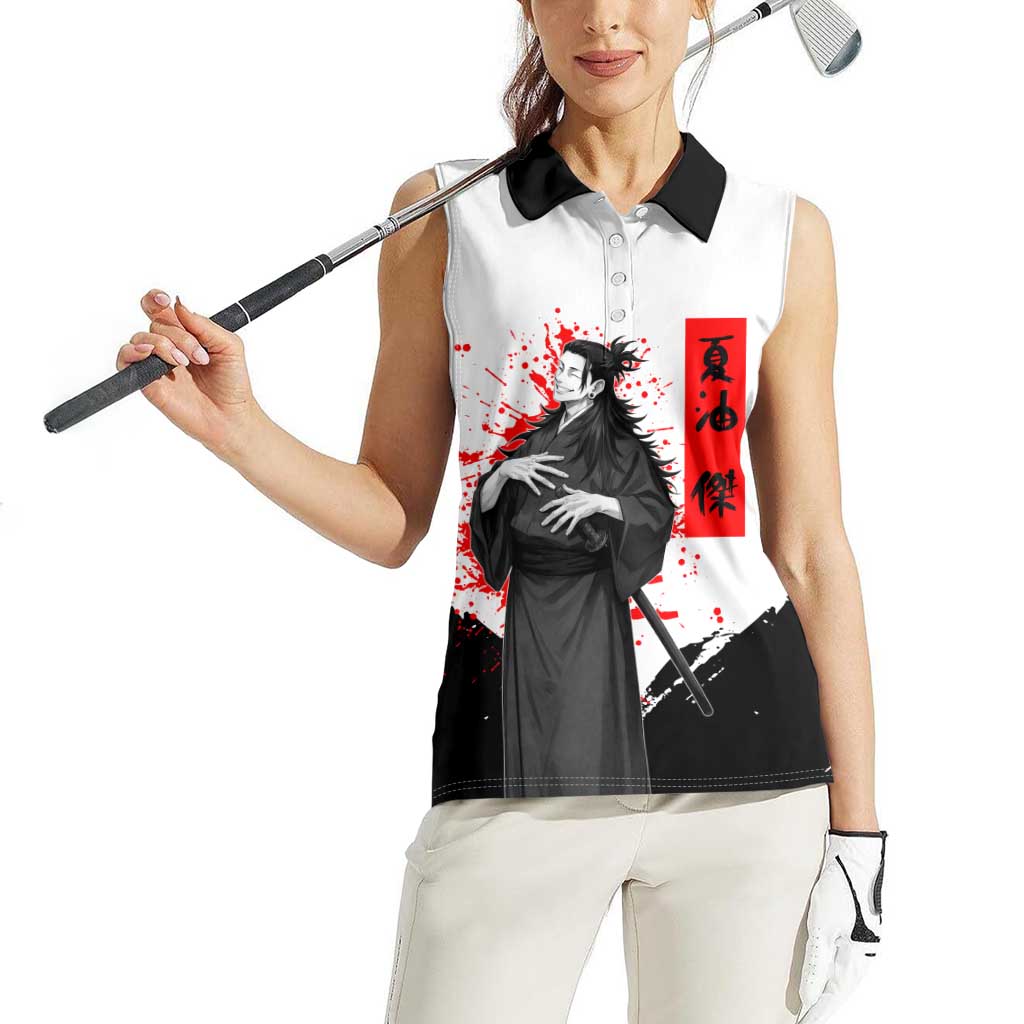 Suguru Geto Jujutsu Kaisen Samurai Style Women Sleeveless Polo Shirt with Katana, Red Kanji Accents and Oni Mask Graphic - The Mazicc