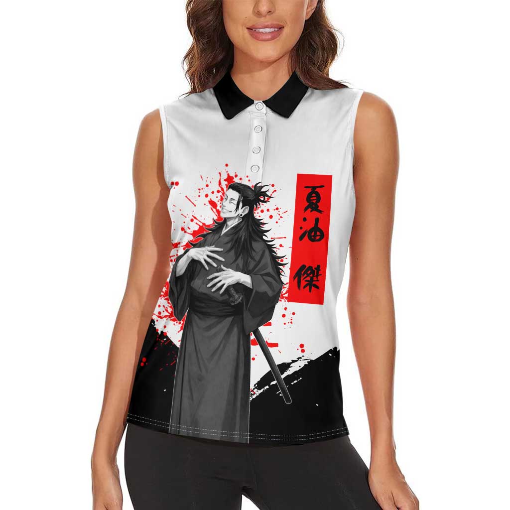 Suguru Geto Jujutsu Kaisen Samurai Style Women Sleeveless Polo Shirt with Katana, Red Kanji Accents and Oni Mask Graphic - The Mazicc