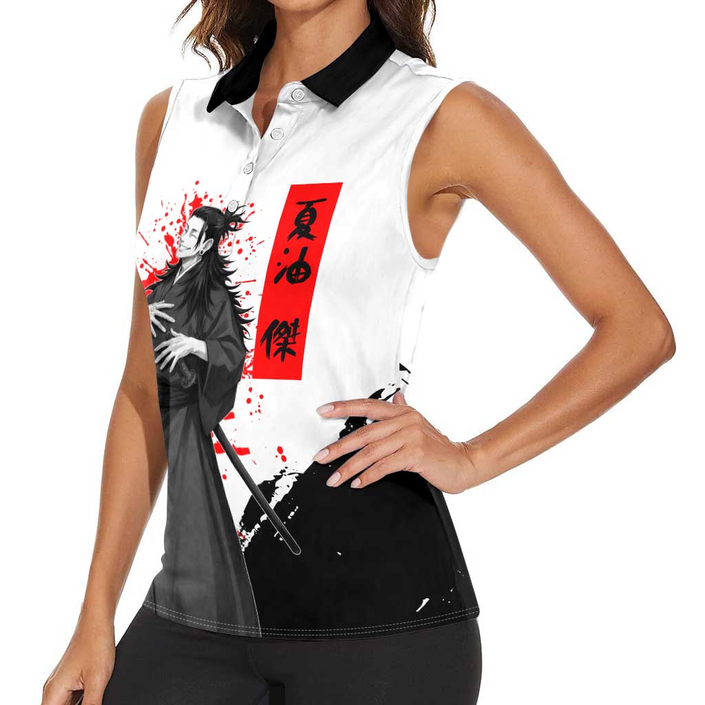 Suguru Geto Jujutsu Kaisen Samurai Style Women Sleeveless Polo Shirt with Katana, Red Kanji Accents and Oni Mask Graphic - The Mazicc