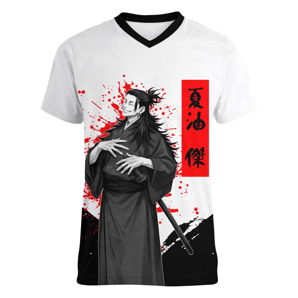 Suguru Geto Jujutsu Kaisen Samurai Style Women V-Neck T-Shirt with Katana, Red Kanji Accents and Oni Mask Graphic - The Mazicc