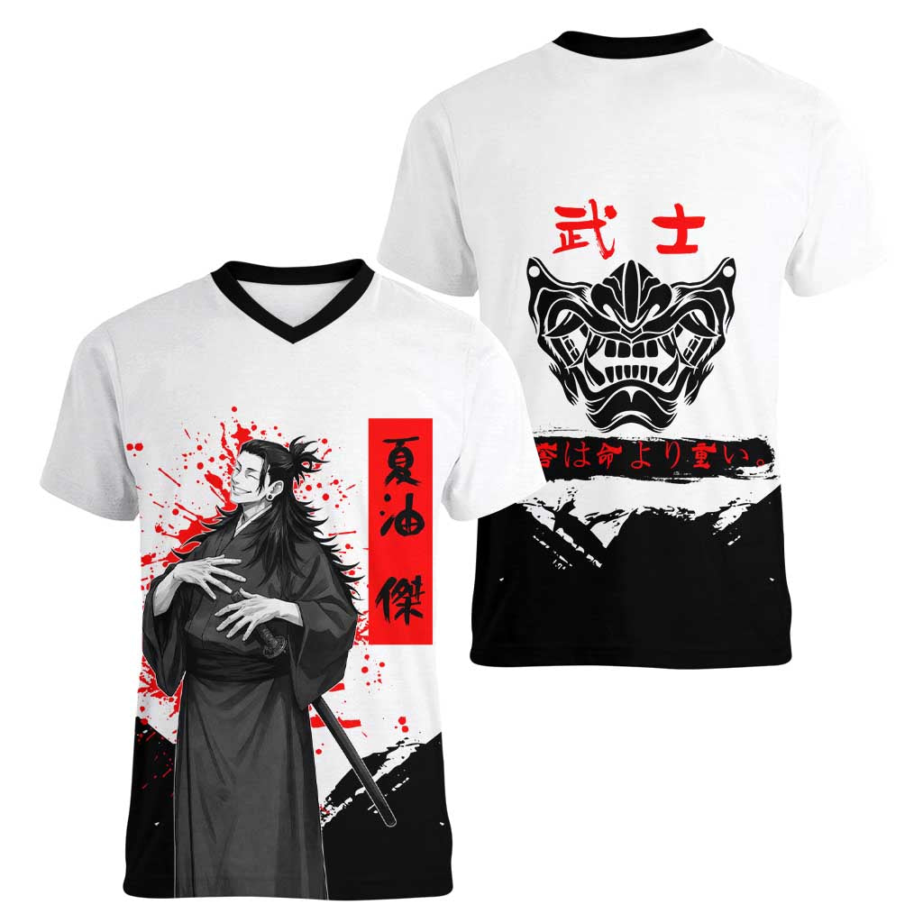 Suguru Geto Jujutsu Kaisen Samurai Style Women V-Neck T-Shirt with Katana, Red Kanji Accents and Oni Mask Graphic - The Mazicc
