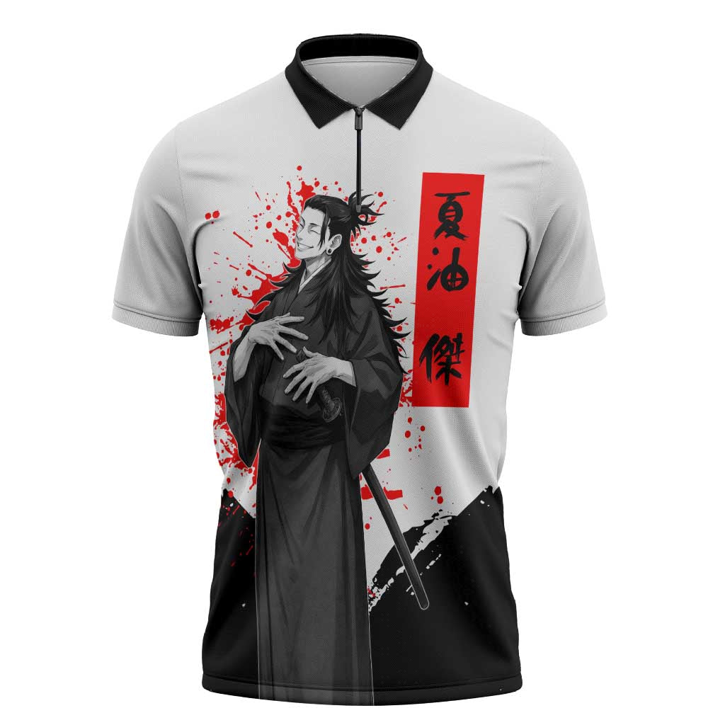 Suguru Geto Jujutsu Kaisen Samurai Style Zipper Polo Shirt with Katana, Red Kanji Accents and Oni Mask Graphic - The Mazicc
