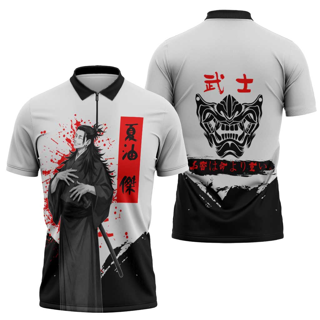 Suguru Geto Jujutsu Kaisen Samurai Style Zipper Polo Shirt with Katana, Red Kanji Accents and Oni Mask Graphic - The Mazicc