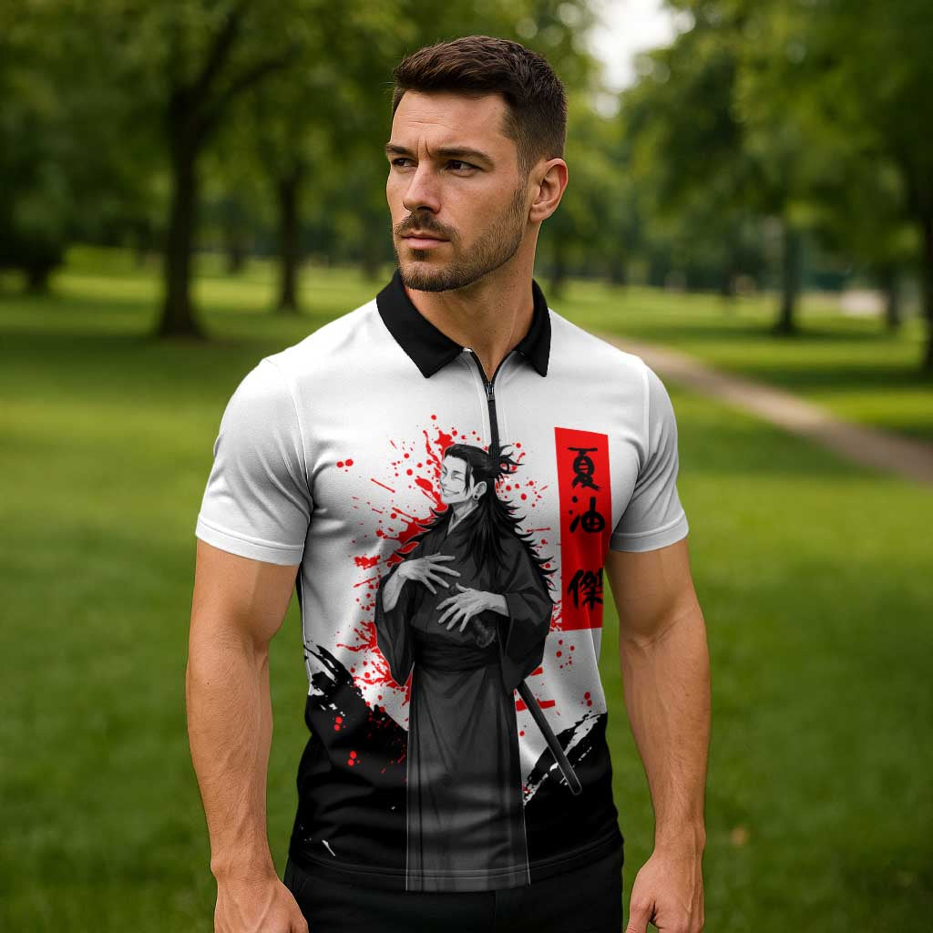 Suguru Geto Jujutsu Kaisen Samurai Style Zipper Polo Shirt with Katana, Red Kanji Accents and Oni Mask Graphic - The Mazicc