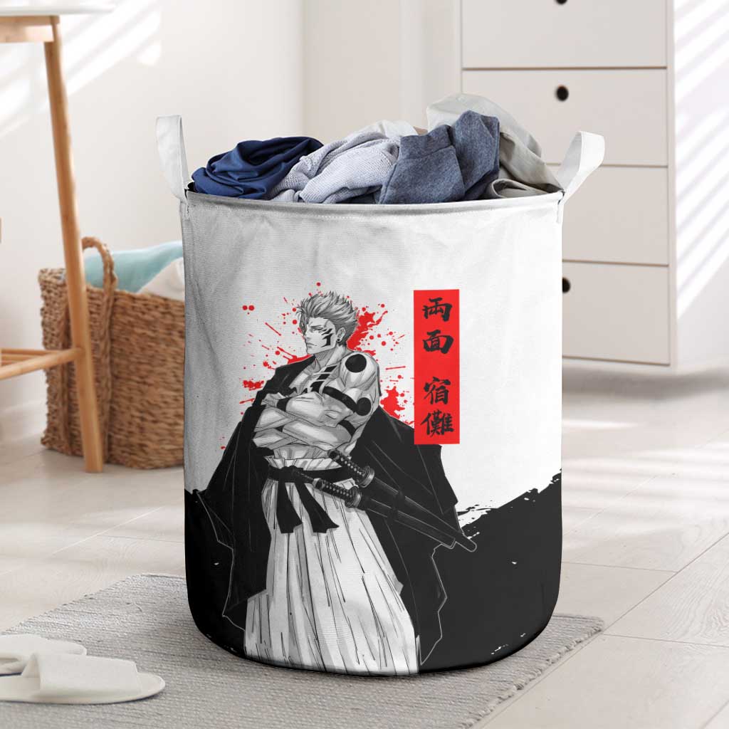 Sukuna Jujutsu Kaisen Samurai Aesthetic Laundry Basket with Katana, Red Kanji and Oni Mask Design - The Mazicc
