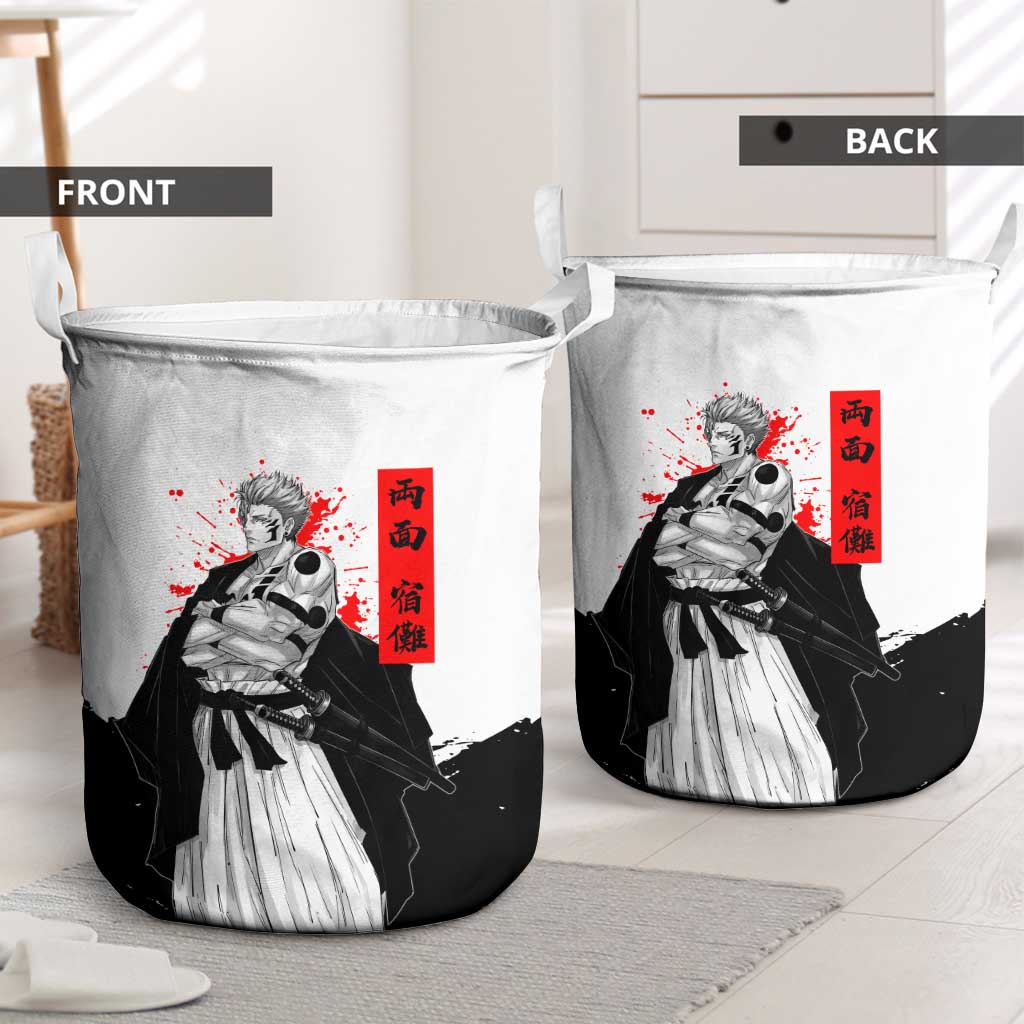 Sukuna Jujutsu Kaisen Samurai Aesthetic Laundry Basket with Katana, Red Kanji and Oni Mask Design - The Mazicc