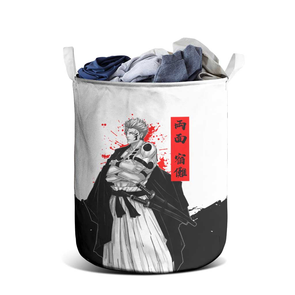 Sukuna Jujutsu Kaisen Samurai Aesthetic Laundry Basket with Katana, Red Kanji and Oni Mask Design - The Mazicc