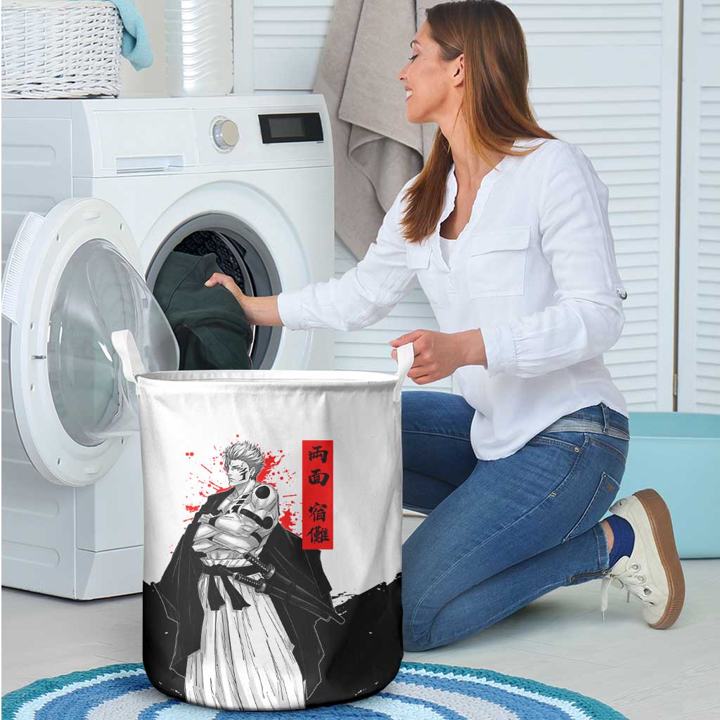 Sukuna Jujutsu Kaisen Samurai Aesthetic Laundry Basket with Katana, Red Kanji and Oni Mask Design - The Mazicc