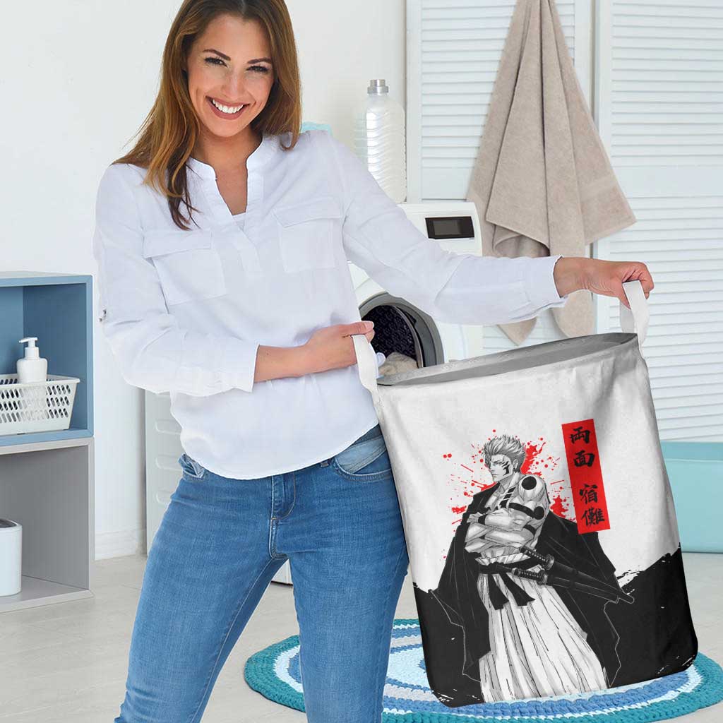 Sukuna Jujutsu Kaisen Samurai Aesthetic Laundry Basket with Katana, Red Kanji and Oni Mask Design - The Mazicc