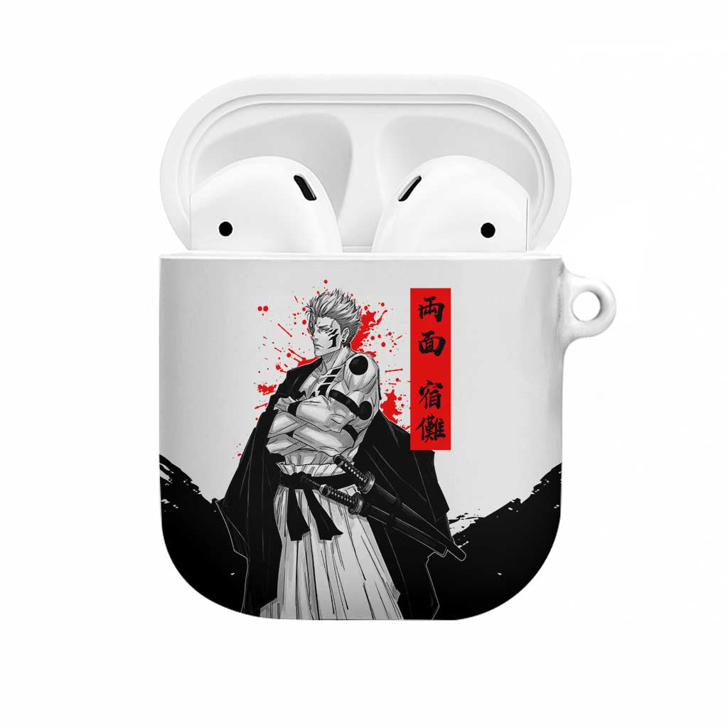 Sukuna Jujutsu Kaisen Samurai Aesthetic AirPods Case with Katana, Red Kanji and Oni Mask Design - The Mazicc
