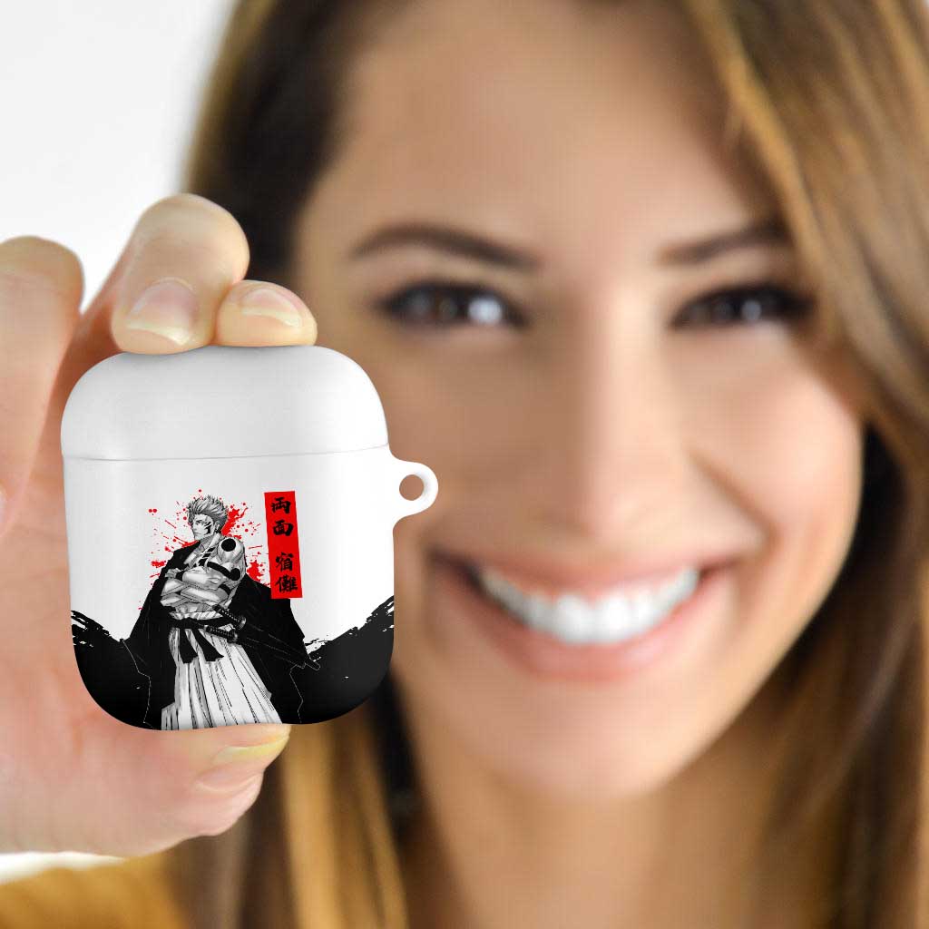 Sukuna Jujutsu Kaisen Samurai Aesthetic AirPods Case with Katana, Red Kanji and Oni Mask Design - The Mazicc