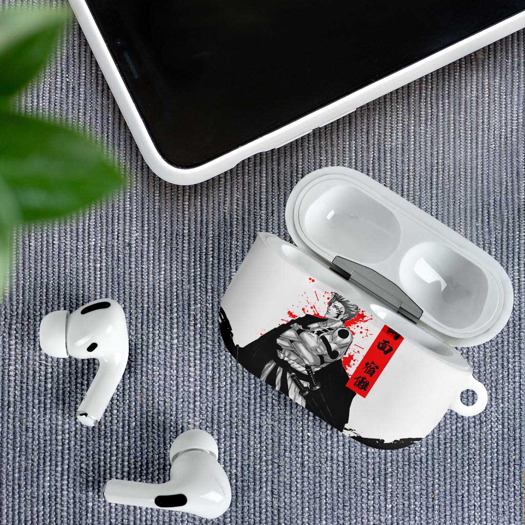 Sukuna Jujutsu Kaisen Samurai Aesthetic AirPods Case with Katana, Red Kanji and Oni Mask Design - The Mazicc