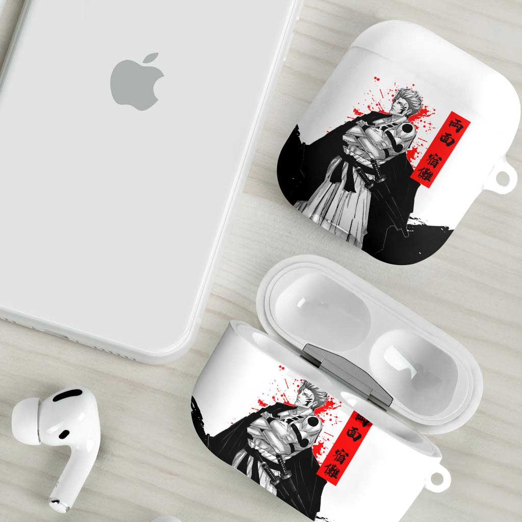 Sukuna Jujutsu Kaisen Samurai Aesthetic AirPods Case with Katana, Red Kanji and Oni Mask Design - The Mazicc