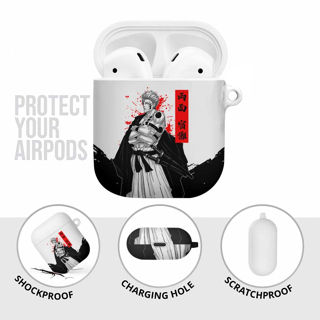 Sukuna Jujutsu Kaisen Samurai Aesthetic AirPods Case with Katana, Red Kanji and Oni Mask Design - The Mazicc