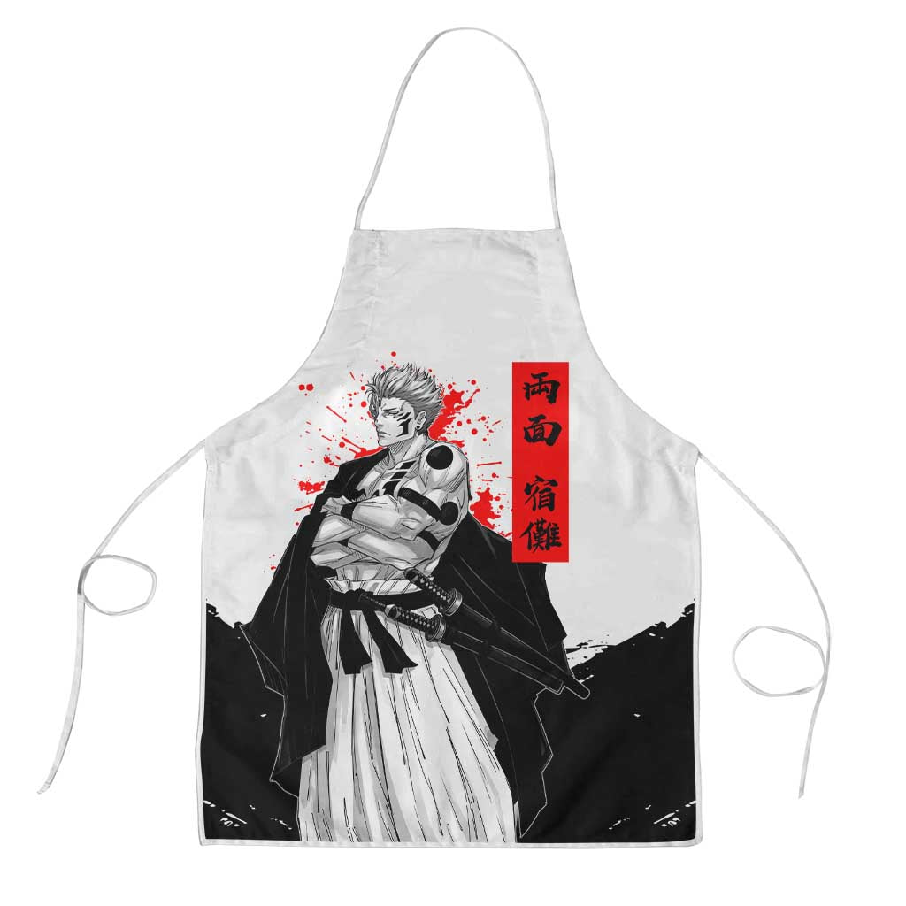 Sukuna Jujutsu Kaisen Samurai Aesthetic Apron with Katana, Red Kanji and Oni Mask Design - The Mazicc