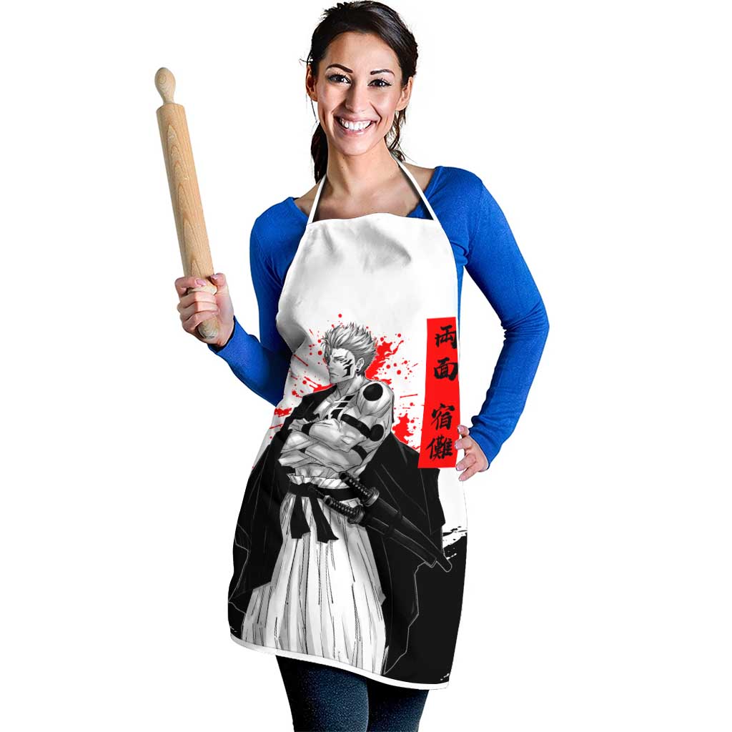 Sukuna Jujutsu Kaisen Samurai Aesthetic Apron with Katana, Red Kanji and Oni Mask Design - The Mazicc