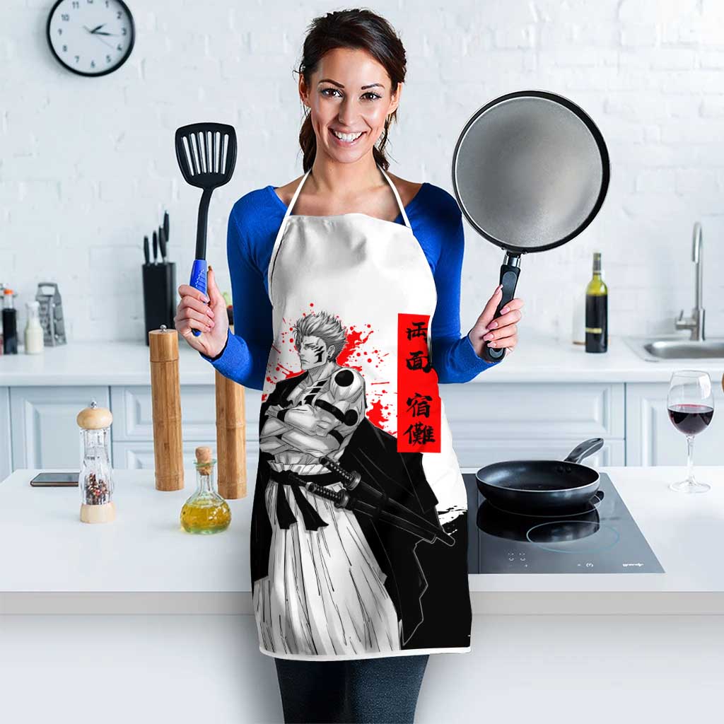 Sukuna Jujutsu Kaisen Samurai Aesthetic Apron with Katana, Red Kanji and Oni Mask Design - The Mazicc