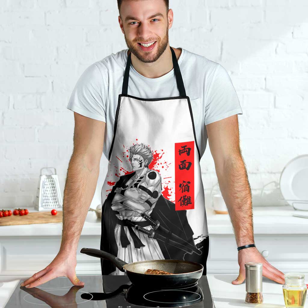 Sukuna Jujutsu Kaisen Samurai Aesthetic Apron with Katana, Red Kanji and Oni Mask Design - The Mazicc